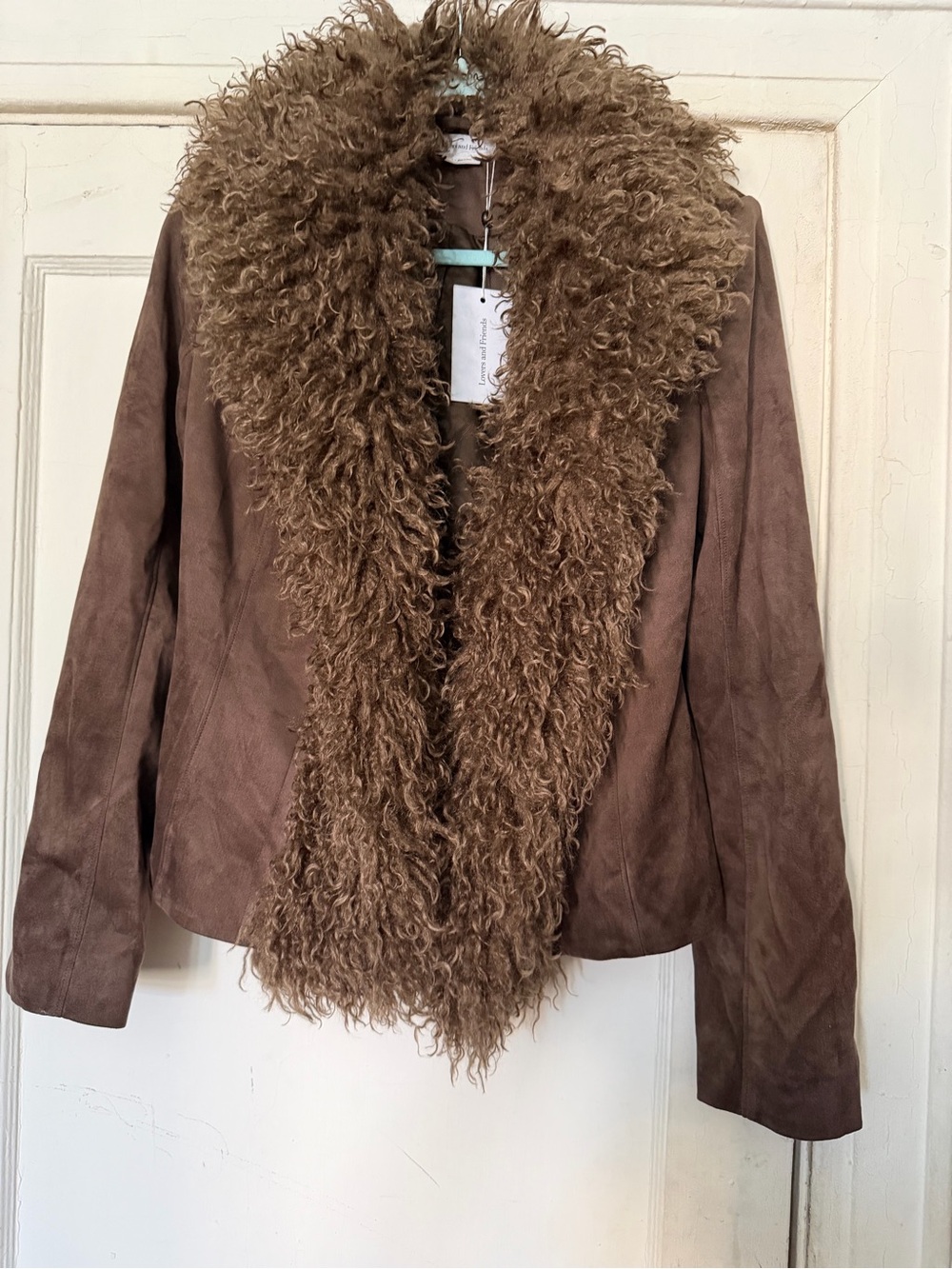 Lovers + Friends Brown Suede Jacket with Curly Fur Shawl Collar